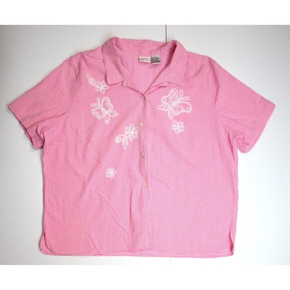 WOMEN'S PINK & WHITE PLAID EMBROIDERED BUTTON-UP TOP - KORET - SIZE 20W - Picture 2 of 5